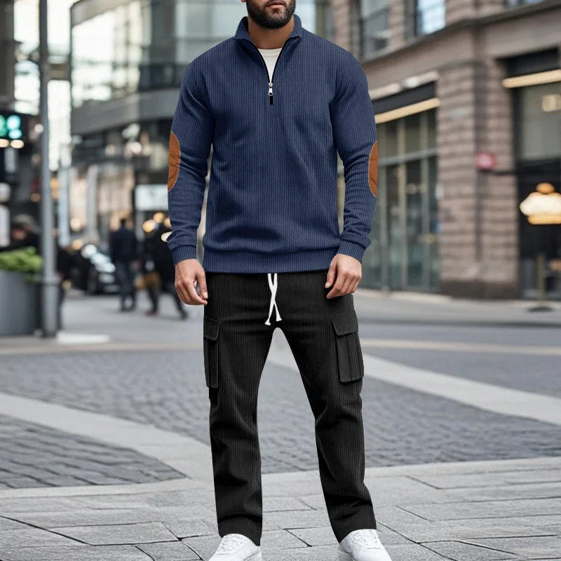 sanyamk - Vintage Patchwork Corduroy Outfits Mens Long Sleeve Stand Collar Sweatshirts And Pants Two Piece Sets Men Clothing Casual Suits