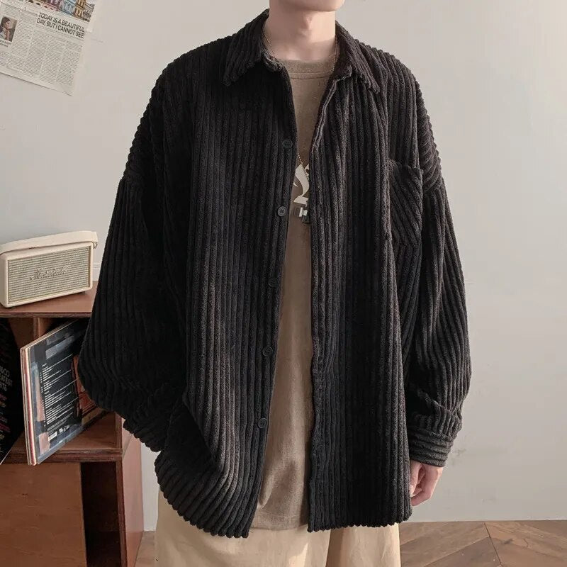 Bonsir Thicken Corduroy Shirt Men Fashion 4-color Retro Casual Thick Shirts Mens Streetwear Korean Loose Long Sleeve Shirt Men M-2XL