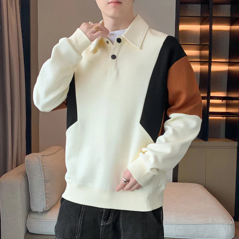 BONSIR - Men's Hoodies Spring and Autumn New Stand Collar Button Patchwork Trendy Pullover Loose Long Sleeved Casual T-shirt Tops
