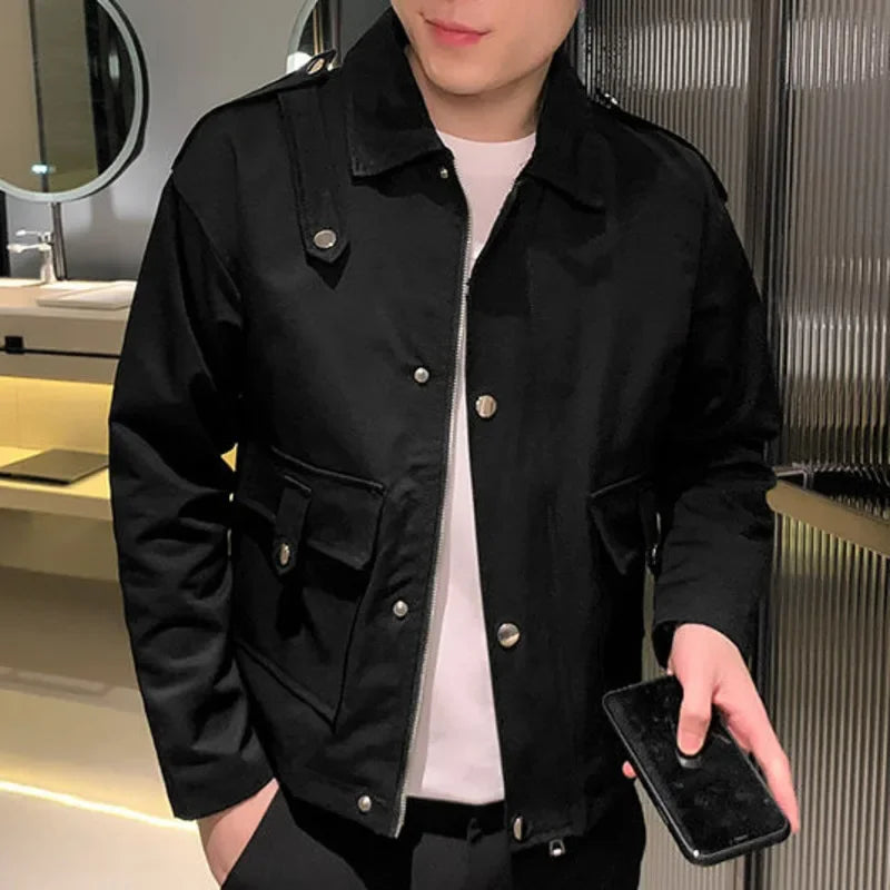 BONSIR - Autumn Retro High Street Couple Bomber Jacket Solid Color Large Pocket Baseball Jacket Men Coat Lapel Jacket Male Club Outfit