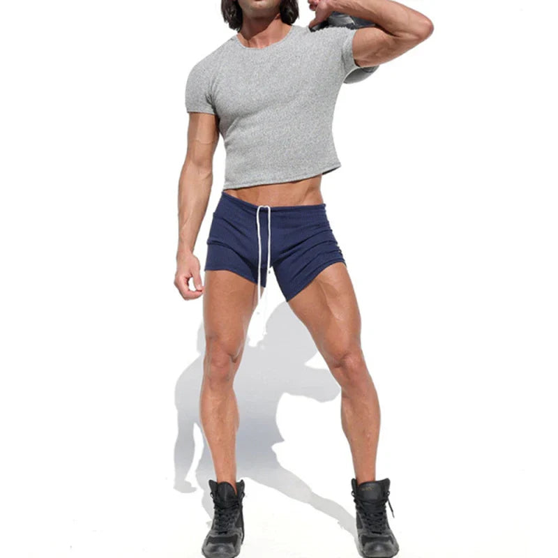 sanyamk - Summer Casual Solid Color Slim Crop Tops Men Short-sleeve O Neck Short T-shirts Sexy Mens Beach Clothes Fashion Ribbed Man Tees