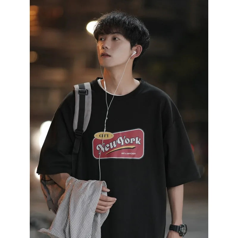 sanyamk - Hot Selling New Summer T-shirts for Boys, Loose Print, Large Hong Kong Style Inner Layer, Short Sleeves