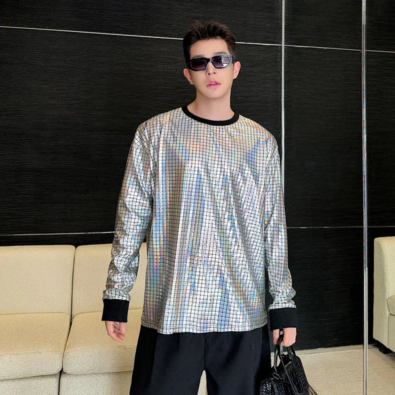 sanyamk - Korean Men's Round Collar T-shirt Fashion Bright Face Design Plaid Trend Long Sleeve T-shirts Pullover Top Trend 9C5122