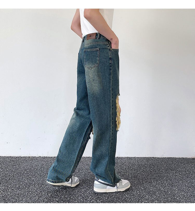 Bonsir Summer Men's Worn Out Jeans Vintage Distressed Hole Wide Leg Denim Straight Pants Korean Personality Casual Srteet