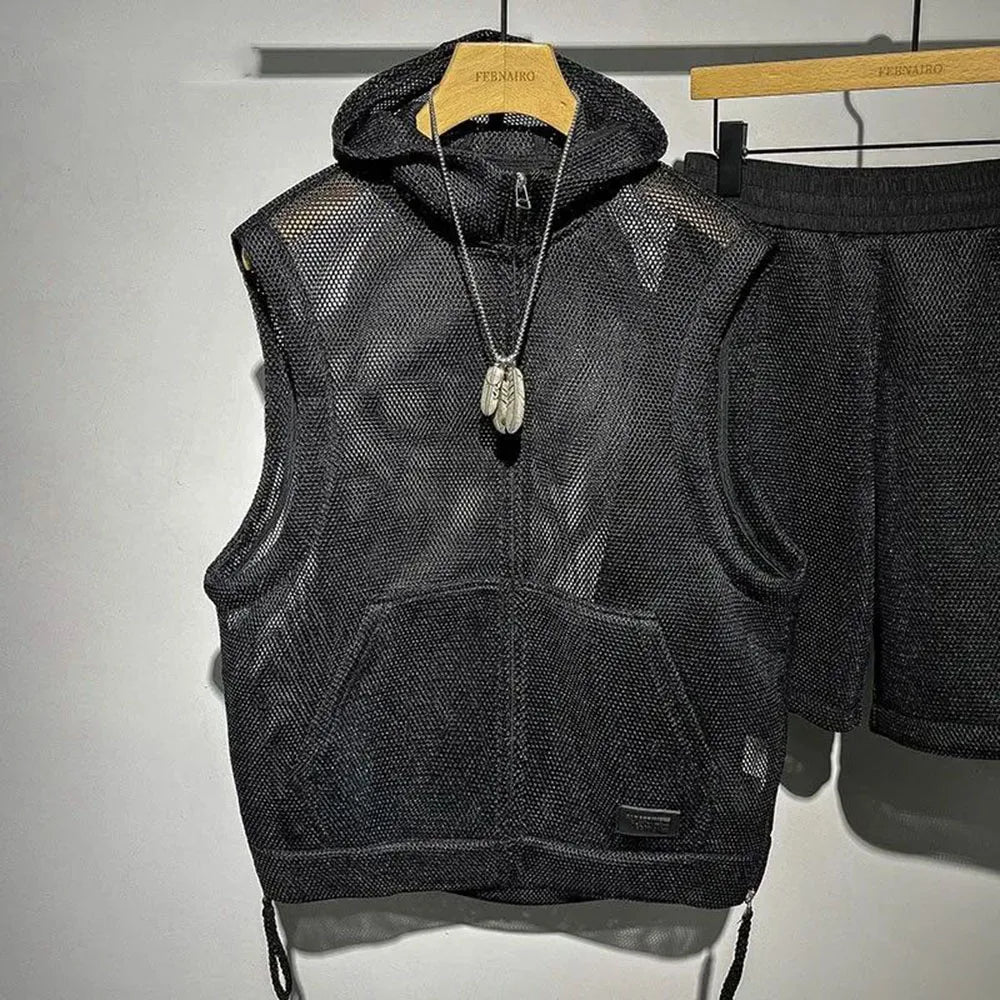 sanyamk Mens Casual Two-Piece Clothing 2024 Summer Men'S Solid Color Full-Print Mesh Fashion Trend Loose Shorts Hooded Vest Mens Suit
