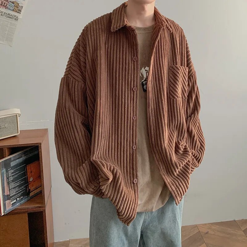 Bonsir Thicken Corduroy Shirt Men Fashion 4-color Retro Casual Thick Shirts Mens Streetwear Korean Loose Long Sleeve Shirt Men M-2XL