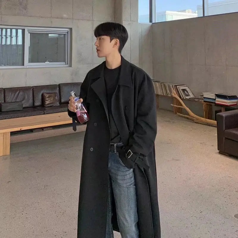 sanyamk Khaki Black Trench Coat Men Oversized Fashion Casual Long Coat Men Streetwear Korean Loose Windbreaker Jacket Mens Overcoat