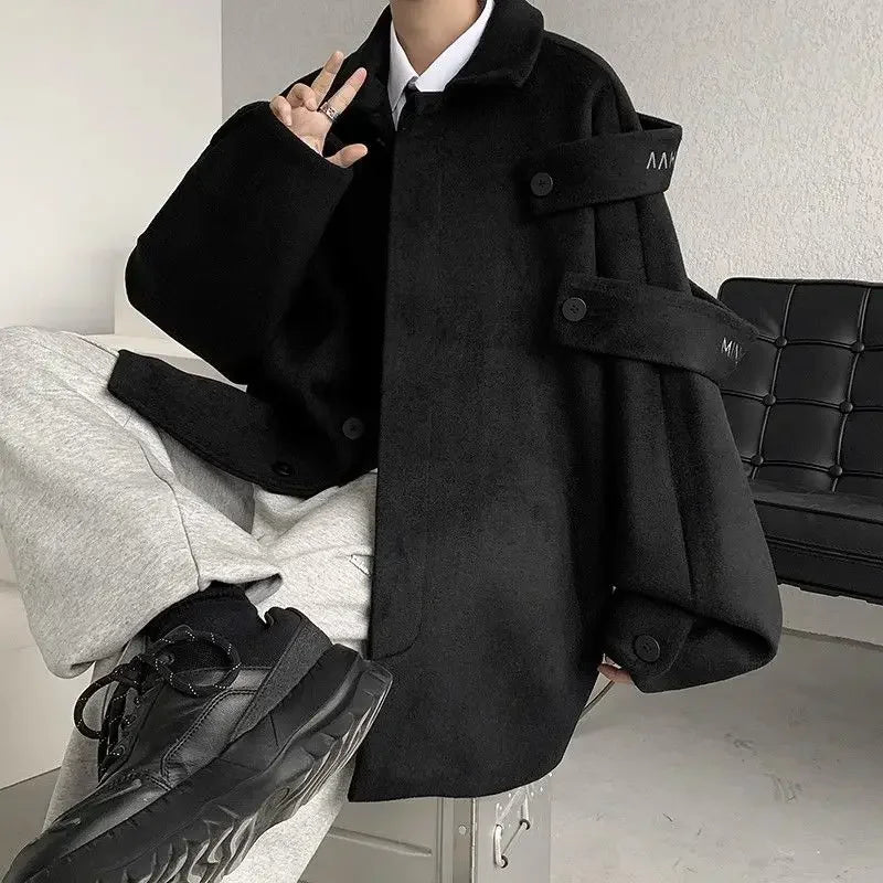 sanyamk Woolen Coat Trendy Men's Autumn and Winter Niche Design American Retro Loose Thickened Jacket Tops K Pop Clothes Men Clothes A29