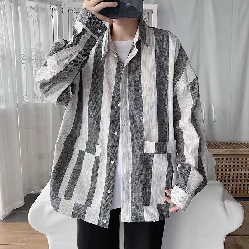 Bonsir Green White Vertical Striped Long Sleeve Shirt Men Oversized Blouses Spring Fall Fashion Japan Vintage Hit Color Cardigan