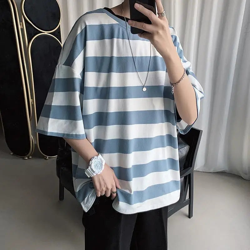sanyamk - Printing Round Neck Spring Summer T-Shirts Simplicity Striped Handsome Short Sleeve Pullovers Loose Streetwear Men's Clothing