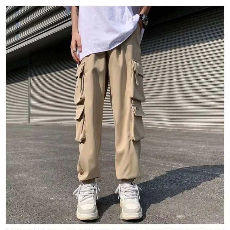 BONSIR - Temperament Versatile Casual Men's Clothing Autumn and Winter New Splice Pockets Drawstring Oversize Commuting Cargo Pants