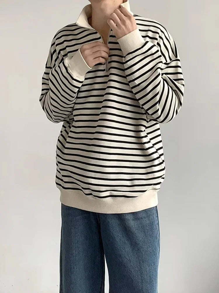 sanyamk - Striped Sweatshirts Men Chic High Street Loose O-Neck All-match Korean Style Casual Unisex Clothing Daily Simple Autumn College