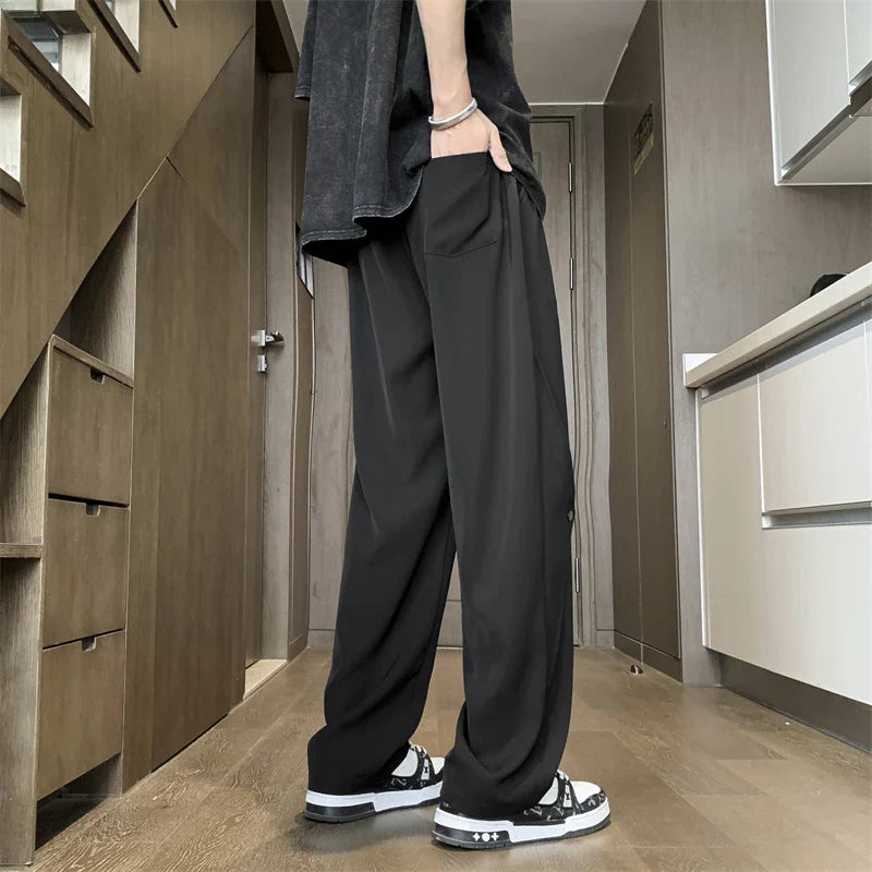 Bonsir Men's Loose Casual Pants Brown Straight Baggy Elastic Waist Wide-leg Pants Spring Summer Autumn Trousers Black Gray 4X 5XL