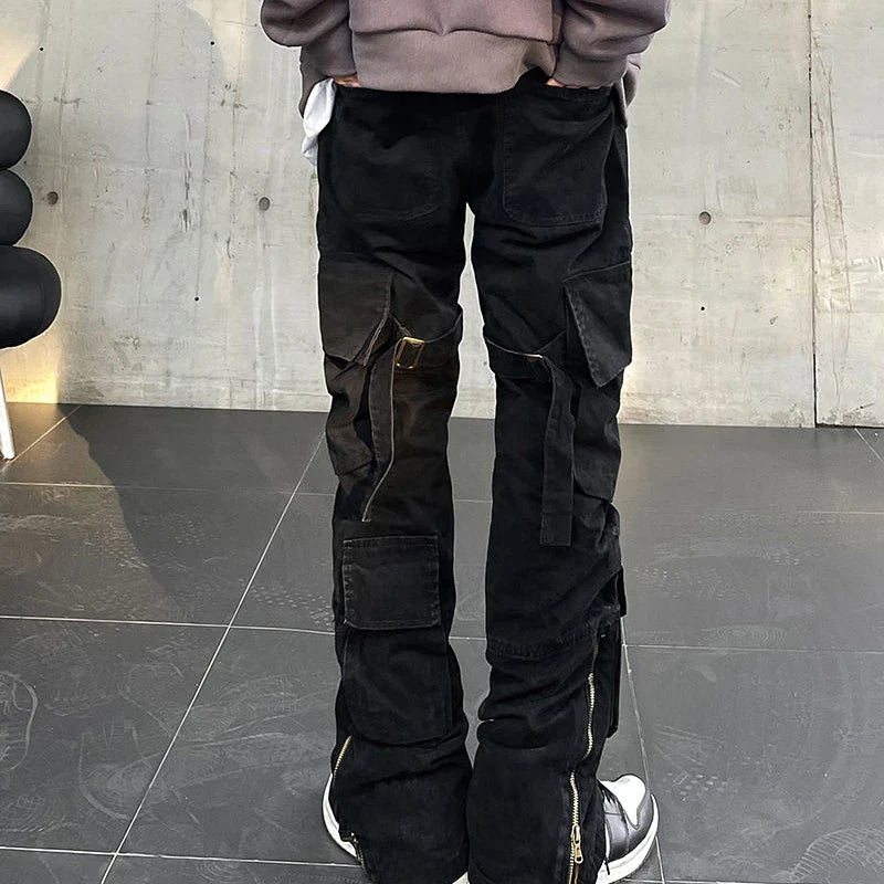 Bonsir American Style High Street Strappy Zipper Tooling Casual Loose Pants Men's Retro Army Green Straight Trousers Male Clothes