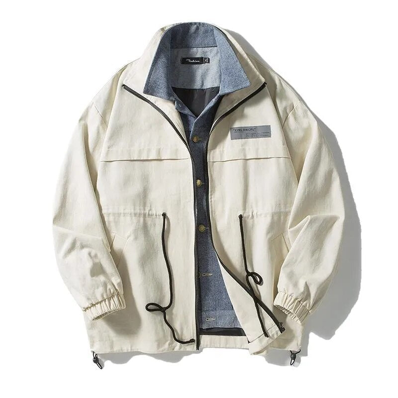 sanyamk Men Fake Two Pieces Denim Patchwork Jacket Jeans Spliced Sashes Contrast Casual Jacket Coat Retro Zip Closure Coat Plus Size