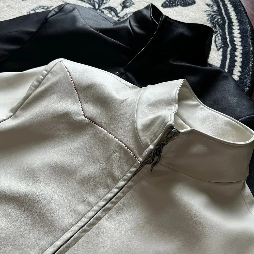 sanyamk Mens Thorn Three-Dimensional Embroidery Pu Leather Jacket Autumn Y2k Streetwear Fashion Versatile Jacket Men'S Clothing 2024