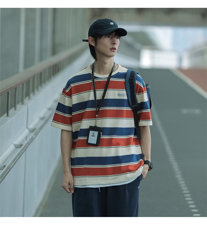 Bonsir Unisex Retro Striped t-Shirt hip hop Oversized Couple Aesthetic Harajuku Clothes Tee Punk Emo Top Urban Streetwear Y2k Top