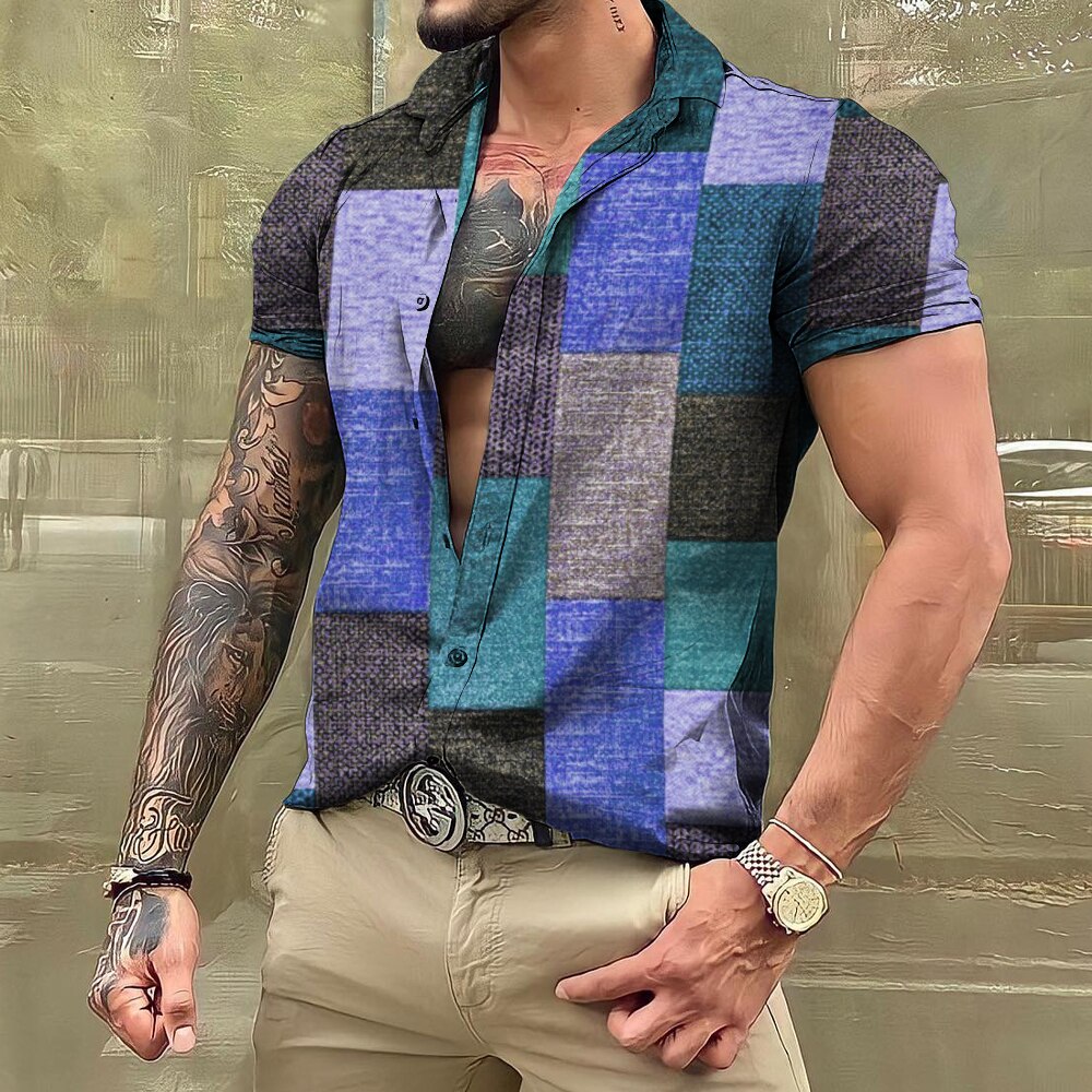 Bonsir Vintage For Men Shirts Patchwork 3d Print Camisas Lapel Oversized Short Sleeve Tops Streetwear Summer Male Hawaiian Shirt Tees