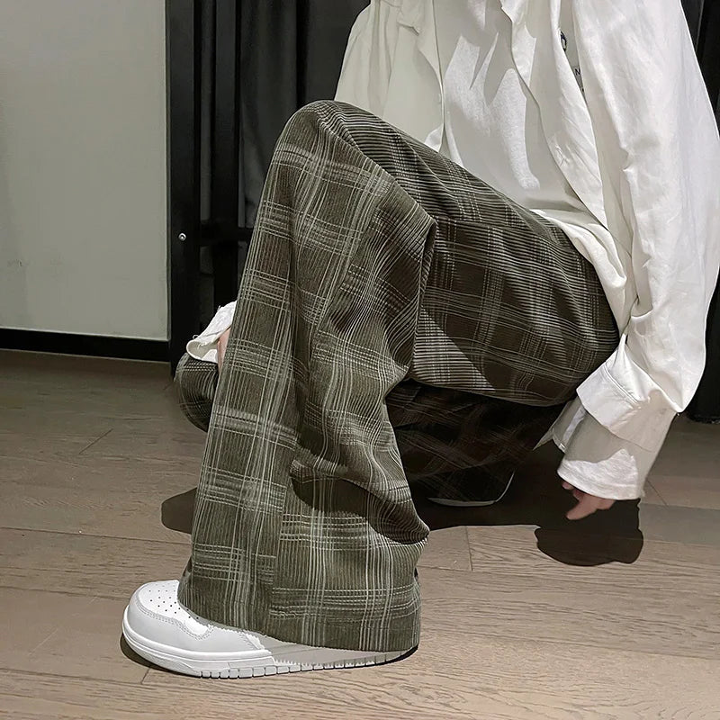 sanyamk - Men's Plaid Corduroy Pants Spring Male Straight All-match Pants Unisex Casual Sweatpants Streetwear Oversize Sport Trousers Wide