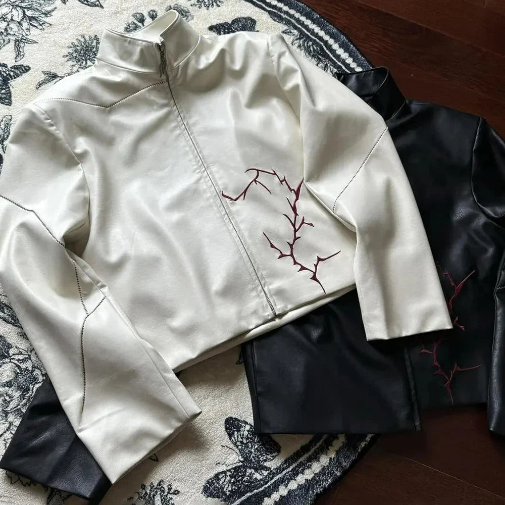 sanyamk Mens Thorn Three-Dimensional Embroidery Pu Leather Jacket Autumn Y2k Streetwear Fashion Versatile Jacket Men'S Clothing 2024