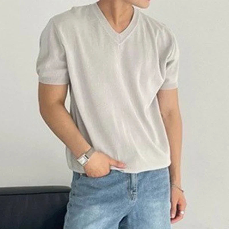 sanyamk - Summer Casual Solid Color Knit T Shirt Men Fashion Short-sleeved V Neck T-shirts Vintage Mens Clothes Knitwear Male Streetwear