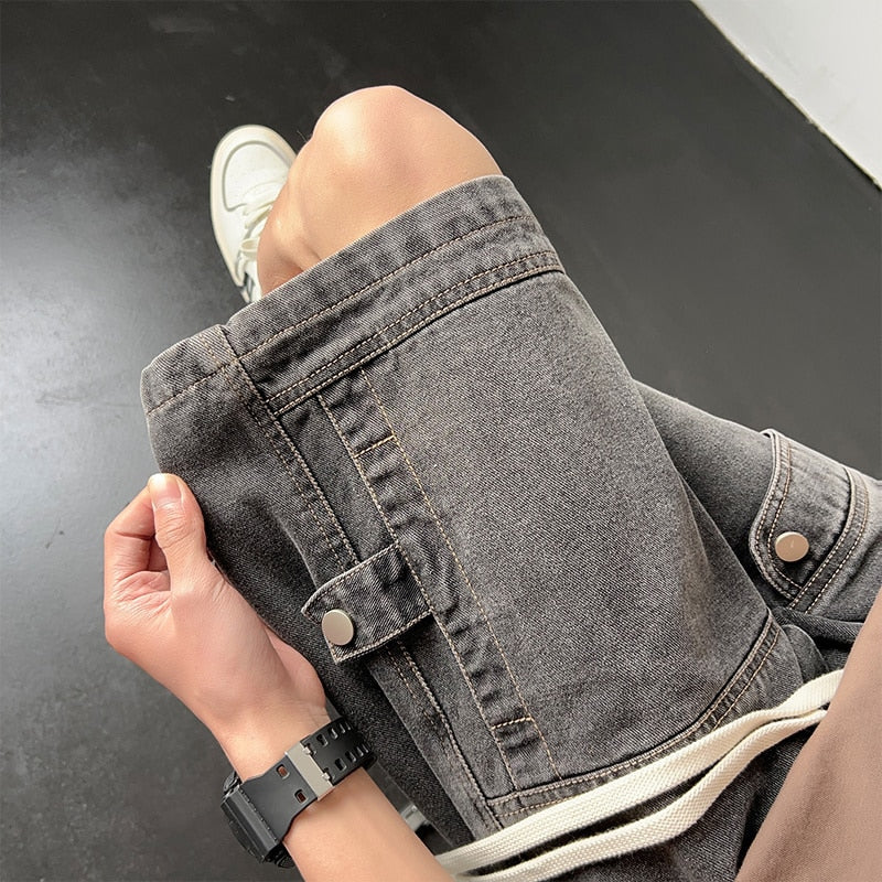 sanyamk Summer Denim Shorts Men Fashion Retro Pocket Denim Shorts Mens Japanese Streetwear Hip Hop Loose Straight Cargo Jeans Shorts Men
