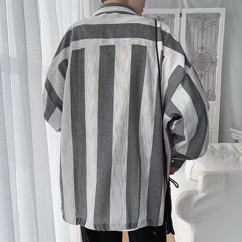 Bonsir Green White Vertical Striped Long Sleeve Shirt Men Oversized Blouses Spring Fall Fashion Japan Vintage Hit Color Cardigan