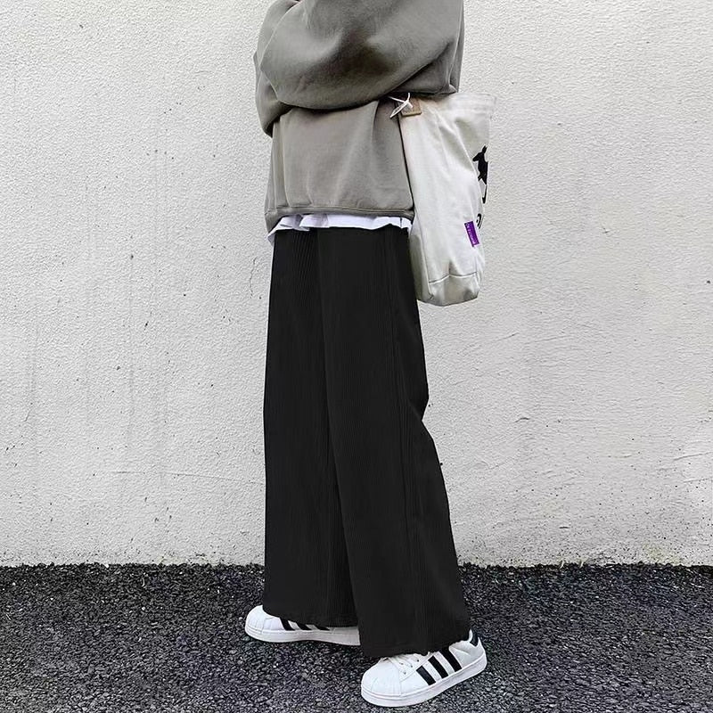 sanyamk Men's Korean Style Retro Trend Sweatpants Corduroy Fabric Solid Color Straight Casual Pants Loose Brown Color Trousers