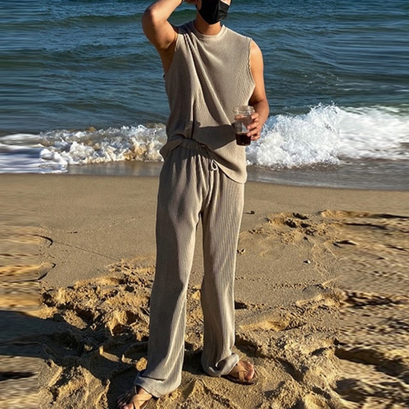 sanyamk Men Striped 2Pc Set Streetwear Casual Beach Tracksuit For Man Outdoor Sleeveless Crew Neck Crop Top+Drawstring Long Pants Suits