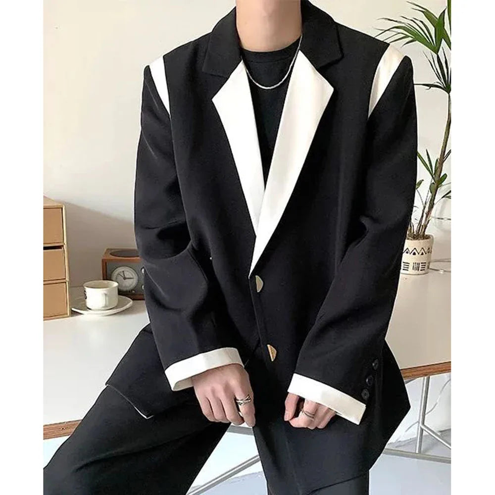 sanyamk Men Blazer Patchwork Lapel Long Sleeve Streewear Button Loose Csual Suits Korean 2024 Fashion Men Thin Coats M-2XL