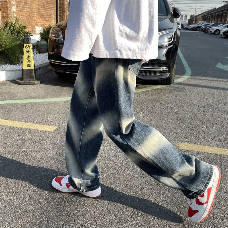 sanyamk Fashion Brand Men's Tie-dyed Jeans College Students Hip-hop Dance Y2k Loose Straight Pants Women's Baggy Blue Jeans