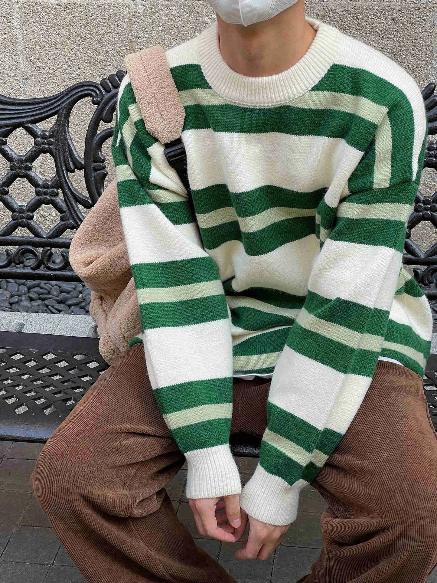 Bonsir - Green Loose Stripe Design Casual Sweater New Autumn Winter Korean Tide Men's Round Neck Kintting Tops Cvintage 2A0224