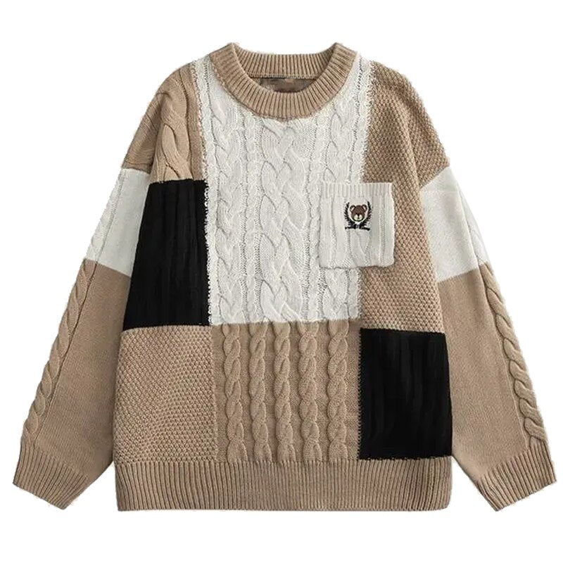 Bonsir Sweater Men Winter New Japanese Bear Embroidery Pocket Knit Pullovers Woman Vintage Hip Hop Streetwear Oversized Sweater