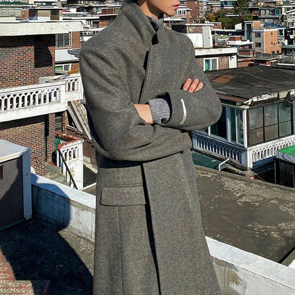 sanyamk Woolen Coat Men's Autumn Winter New Korean Style Trendy Loose Mid-Length Elegant Retro Simple Comfort Solid Woolen Coat Jacket