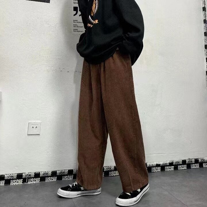 sanyamk Men's Korean Style Retro Trend Sweatpants Corduroy Fabric Solid Color Straight Casual Pants Loose Brown Color Trousers