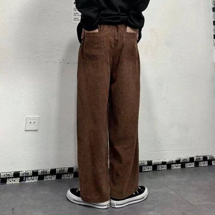 sanyamk Men's Korean Style Retro Trend Sweatpants Corduroy Fabric Solid Color Straight Casual Pants Loose Brown Color Trousers
