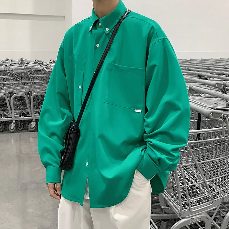 sanyamk - Streetwear Loose Mens Shirt Long Sleeve Black Casual Blouses Fashion Pockets Cardigan Outwear