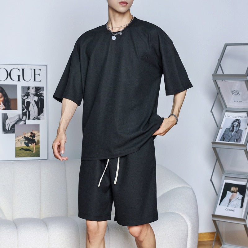 sanyamk Waffle Two Piece Set Men Short Sleeve O-neck T shirts And Shorts Casual Sports Suits 2023 Summer Fashion Mens Tracksuit Outfits