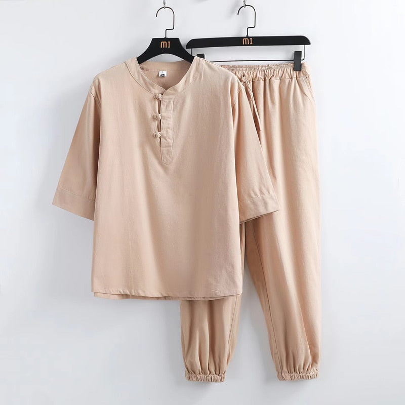 sanyamk Spring Summer New Men's Fashion Casual Solid Short Sleeve T-Shirt Pant Suit Men High-Quality Cotton And Linen Two-Piece Set 5XL