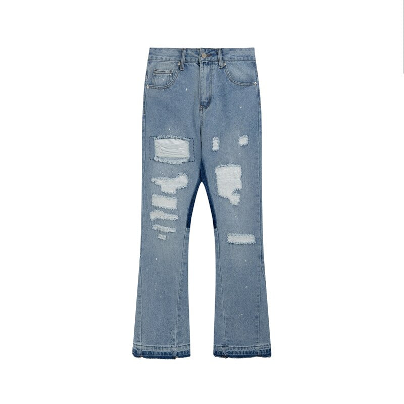 sanyamk Contrast Color Hole Ripped Distressed Blue Men's Jeans Pants Retro Streetwear Frayed Baggy Casual Flare Denim Trousers Oversize