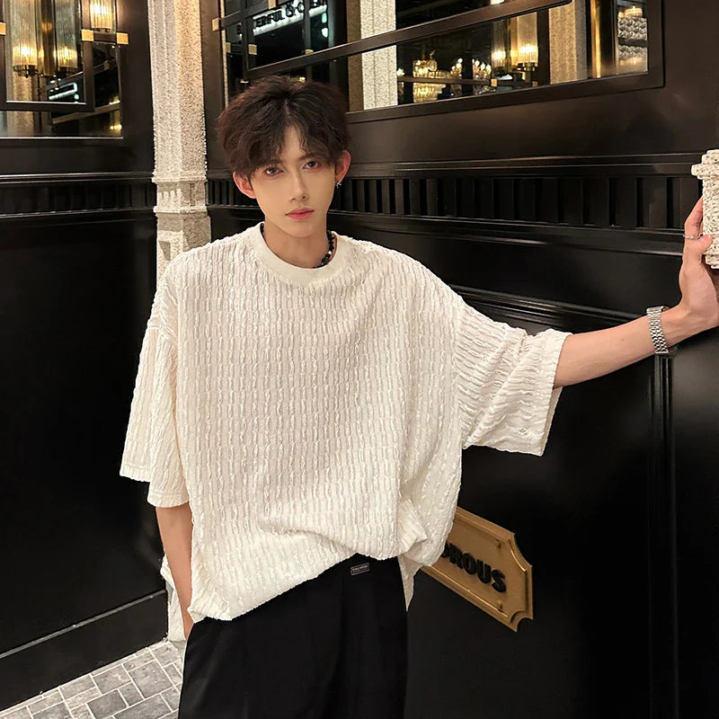 Bonsir White O-neck Pleated Stripe T-shirt for Men Vintage Large Size Breathable Soft Short Sleeved T-shirt Summer Loose Casual Tops