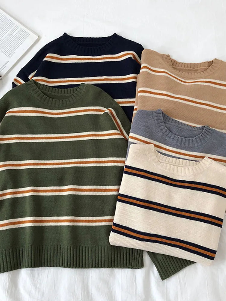 Bonsir Vintage Stripe Sweaters Women Loose Oversize Korean Style Pullover Top Autumn Winter Long Sleeve Knitted Sweater Femme