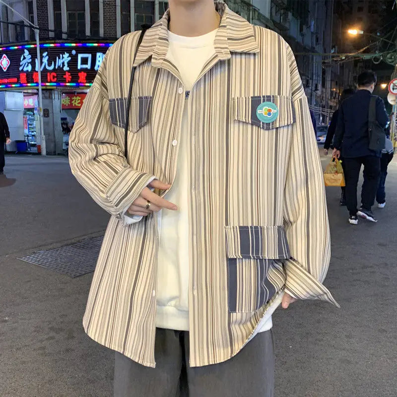 sanyamk - Streetwear Young Style Loose Korean Fashion Shirts Casual Striped Handsome Button Pockets Man Spring Summer Men's Clothing