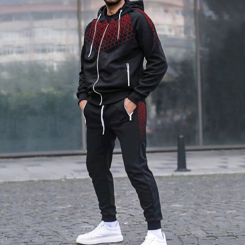 Bonsir Fashion Graphic Print Tracksuit Men Casual Hoodies Two Piece Sets Autumn Mens Long Sleeve Hooded Sweatshirt And Pants Suits Male