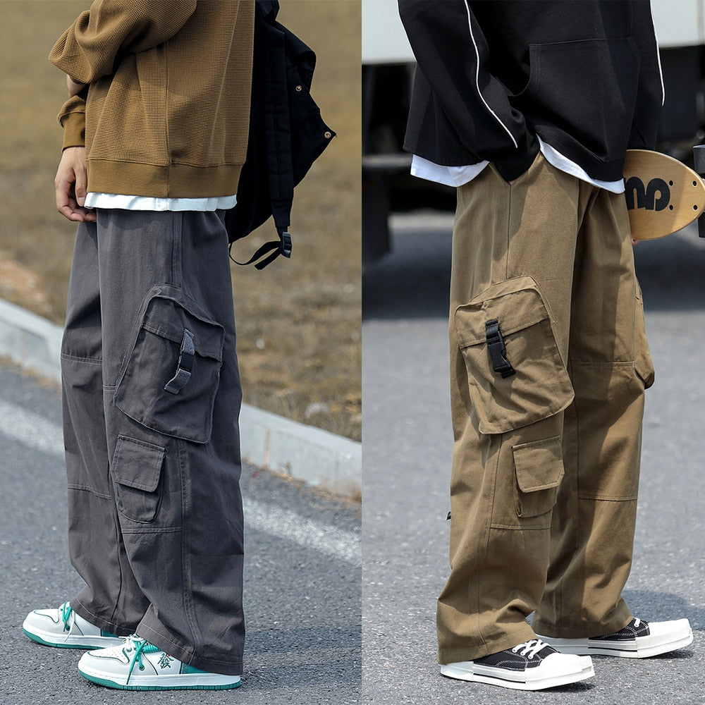 Bonsir Baggy Large Pocket Cargo Pants Men Khaki Cargo Trousers Neutral Vintage Loose Casual Autumn Japanese Streetwear Hip Hop Pant