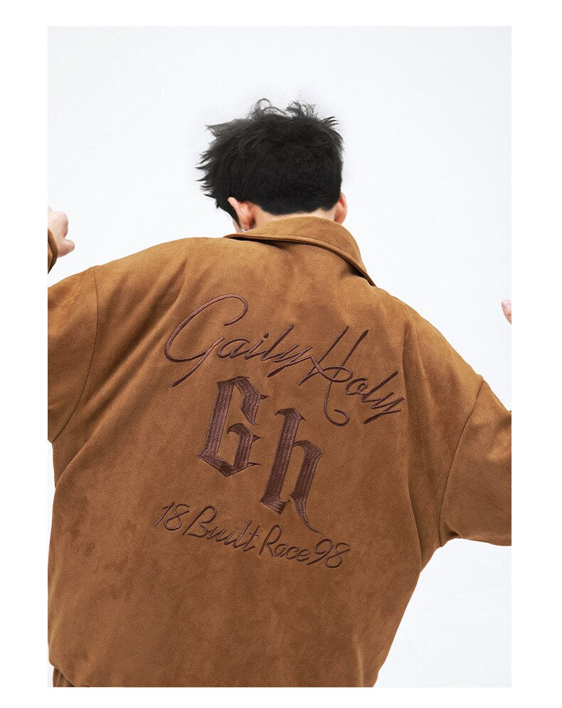 Bonsir American Baseball Uniform Retro Embroidery Lapel Jacket Men's Autumn Loose Casual Suede Coats High Street Youth Motor Clothing