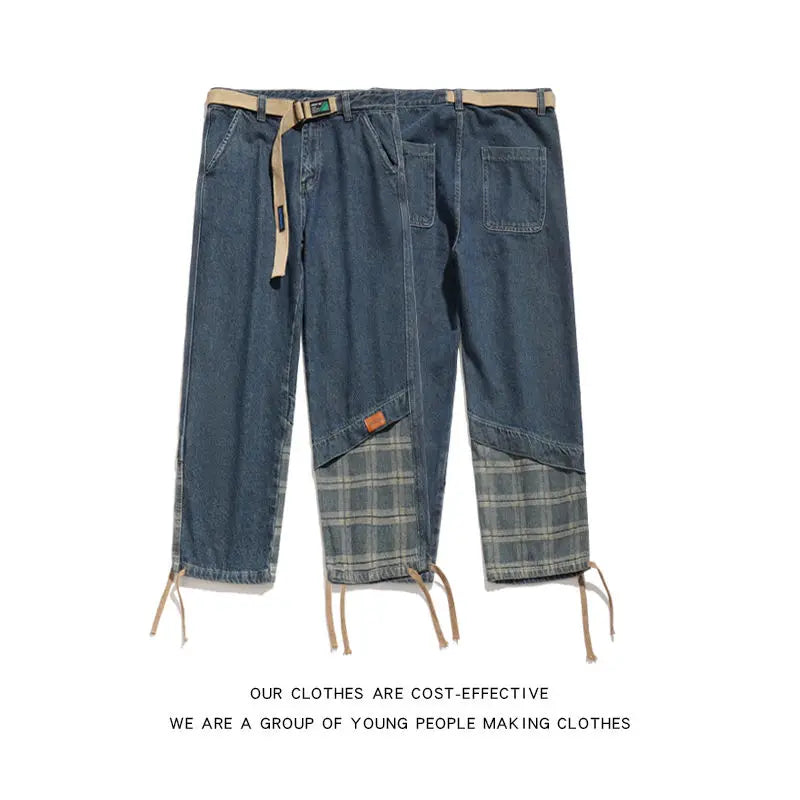 sanyamk Japanese Retro Splicing Jeans Autumn Niche High Street Causal Loose Drawstring Wide-leg Overalls Men Trousers Male Clothes