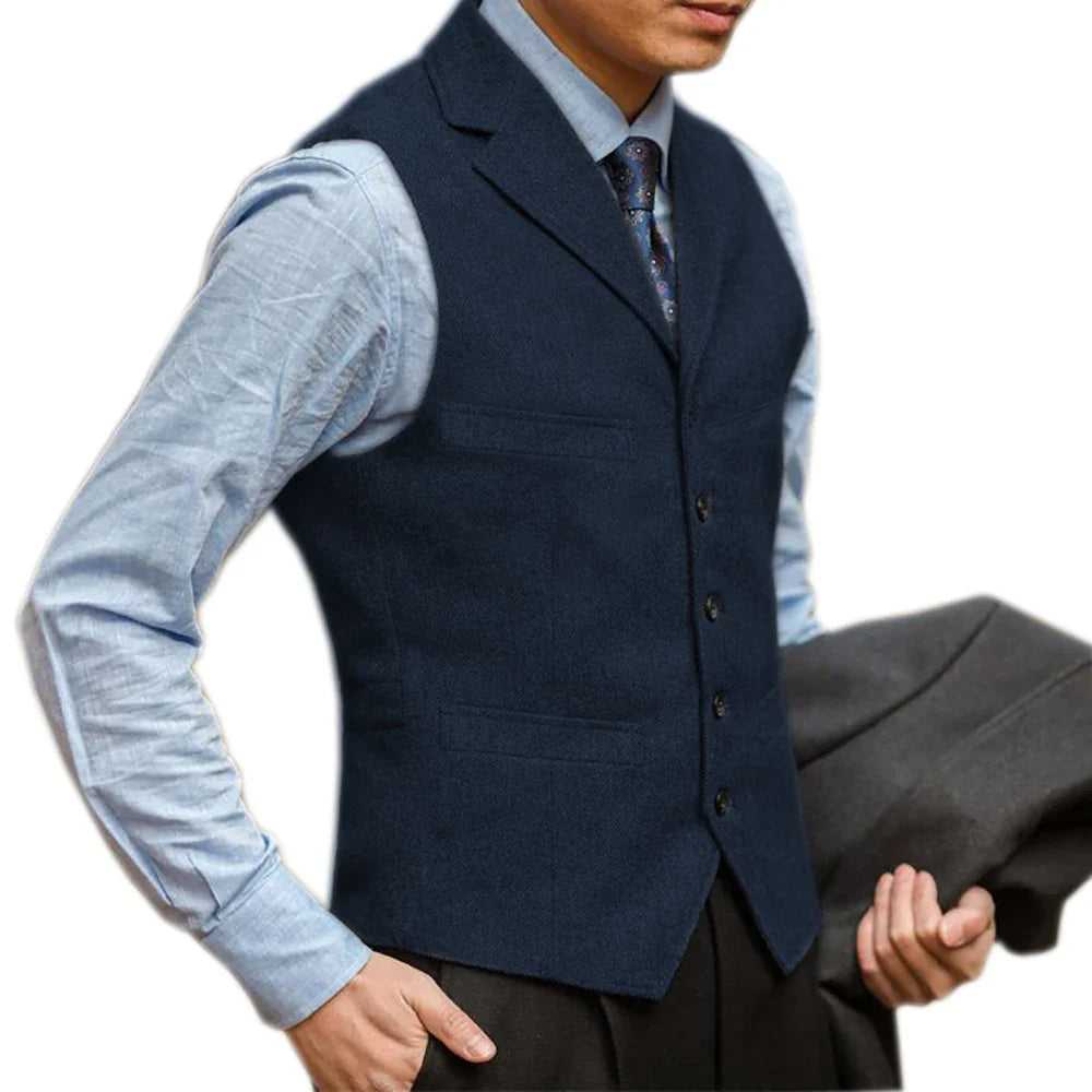 sanyamk Men Vest British Herringbone Tweed Suit Vest Business Formal Dress Waistcoat Notch Lapel Sleeveless Casual Suit Vests