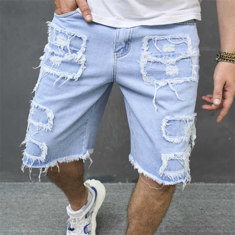 sanyamk Spring Summer Men Vintage Jean Shorts Streetwear Ripped Design Loose Solid Denim Straight Shorts Mens Leisure Jeans Short Pant