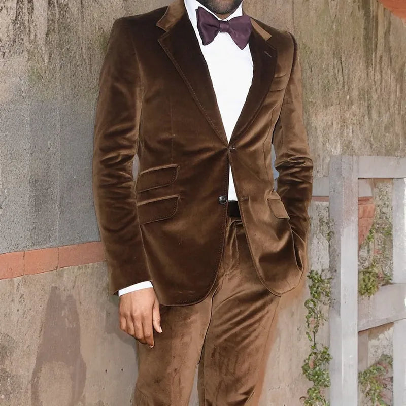 sanyamk Brown Velvet Prom Suits for Men Slim Fit 2 Piece Wedding Groom Tuxedos Male Suit Jacket with Pants Fashion Notched Lapel Blazer